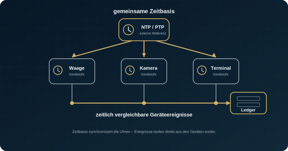 Eine externe NTP- oder PTP-Zeitbasis synchronisiert Geräteuhren; Ereignisse der Geräte werden anschließend zeitlich geordnet und im Ledger festgehalten
